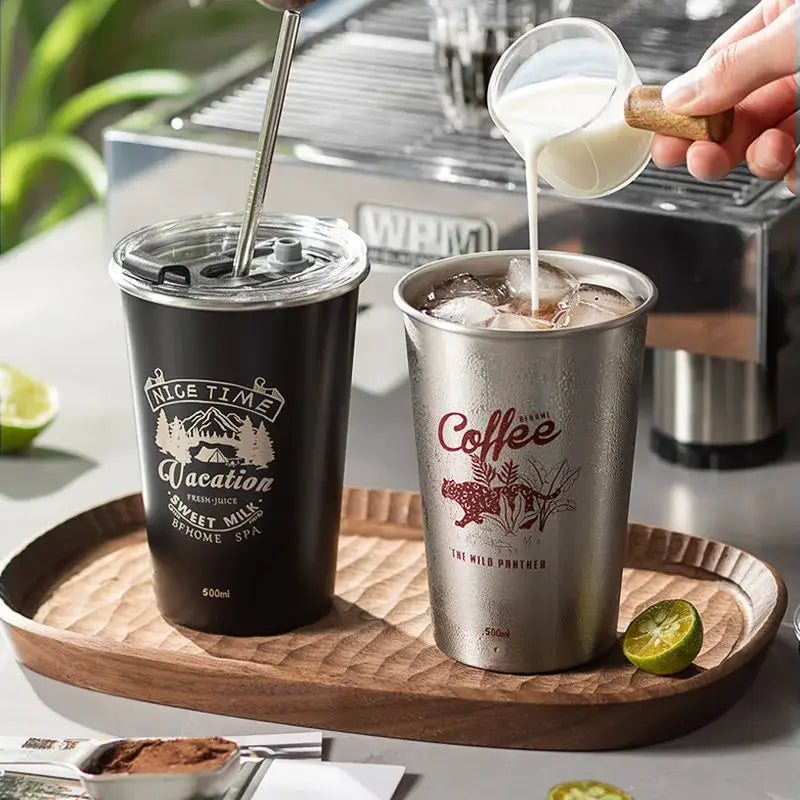 Black and silver stainless steel insulated tumblers with mountain camping and leopard designs for bubble tea party use