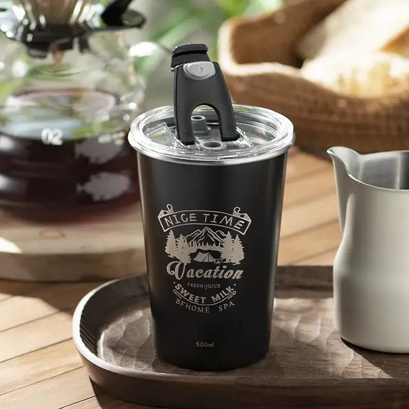 Black insulated bubble tea tumbler with clear lid and flip-top straw featuring engraved nice time vacation design for tea party