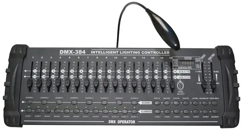 Black dmx-384 beam light console with multiple sliders and led light for precise control in dj room use