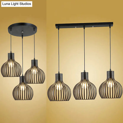 Black Iron 3-Light Onion Dining Room Pendant with Stylish Cage Shade for Loft - Hanging Light Fixture