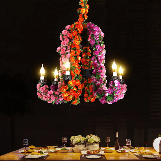 Black Iron 6-Head Candle Chandelier with Floral Decor - Suspended Warehouse Lighting Fixture