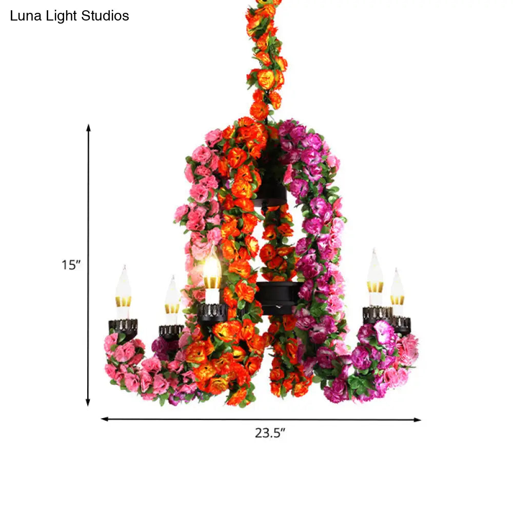 Lámpara de araña de hierro negro de 6 brazos con decoración floral - Lámpara colgante para almacén