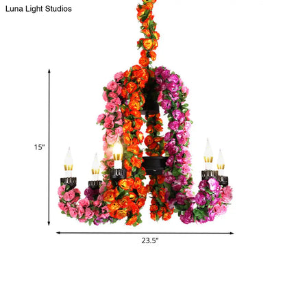 Lámpara de araña de hierro negro de 6 brazos con decoración floral - Lámpara colgante para almacén