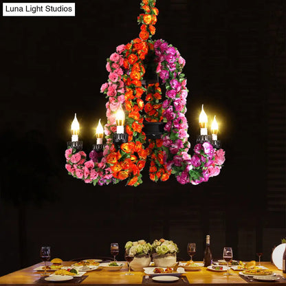 Black Iron 6-Head Candle Chandelier with Floral Decor - Suspended Warehouse Lighting Fixture