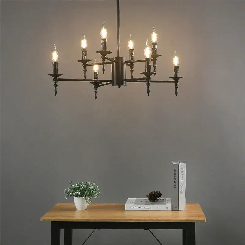 Black iron art candle chandelier pendant light with multiple lit candle bulbs for living room decorbites iron art design