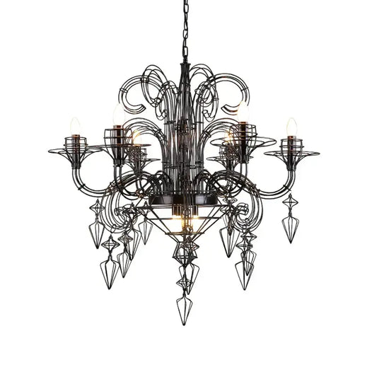 Black iron baroque e14 led chandelier with intricate swirling wirework and geometric crystal-like pendants for foyer decorbites iron baroque