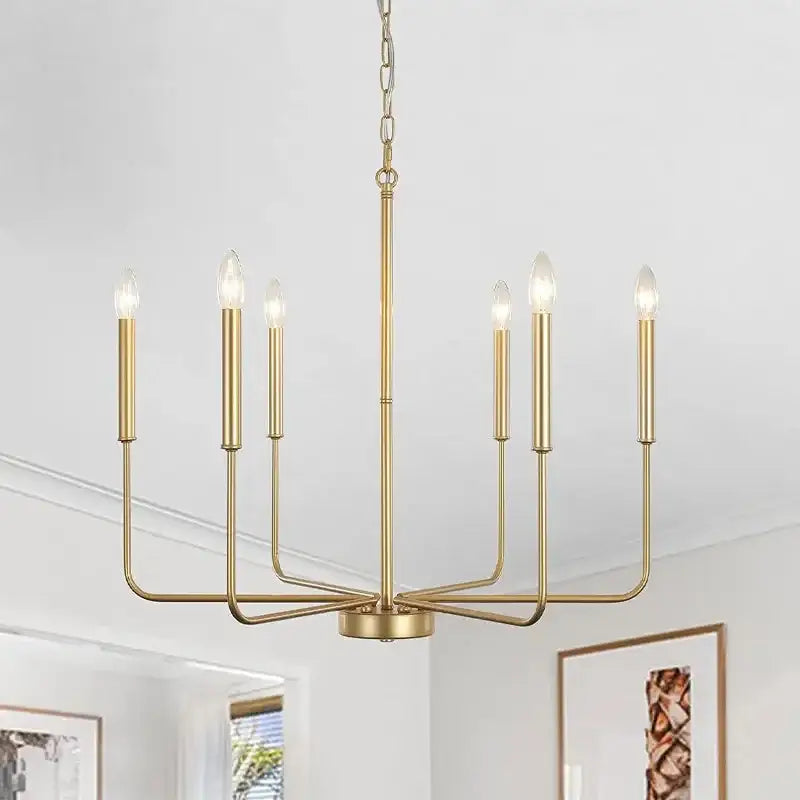 Brass-finished decorbites iron branch chandelier pendant light with six candle-style bulbs in a modern geometric design