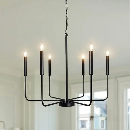Black iron branch chandelier pendant light with six candle-style bulbs for dining room decorbites iron branch design