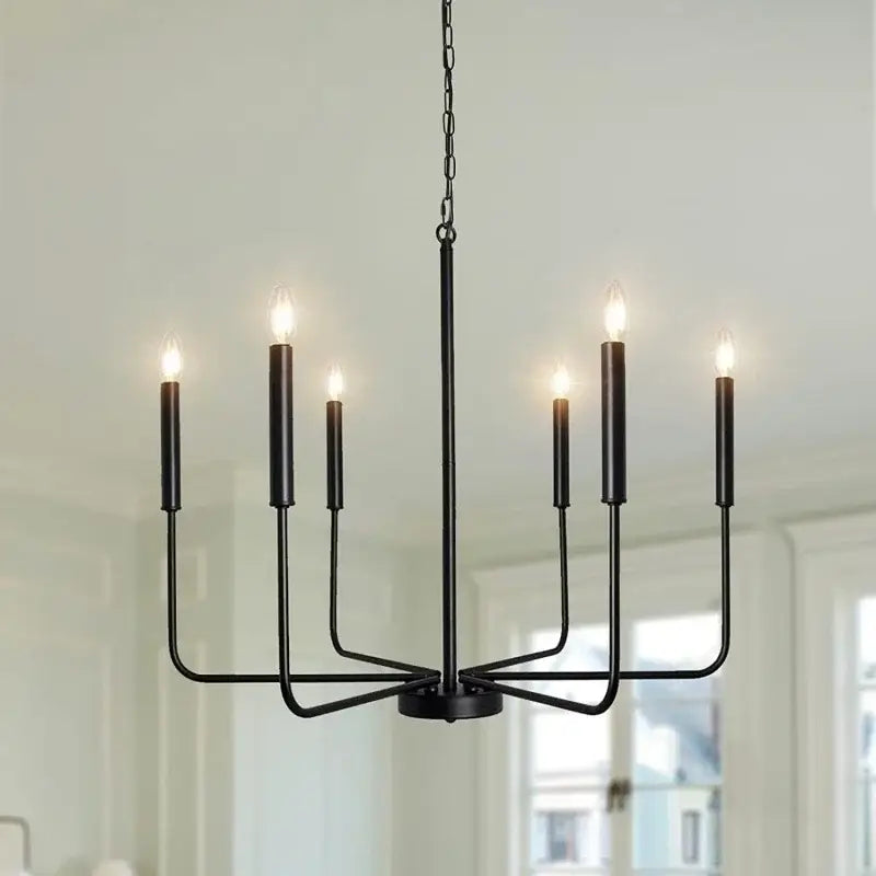 Black iron branch chandelier pendant light with six candle-style bulbs for dining room decorbites iron branch design
