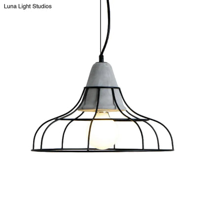 Kit de lámpara colgante con jaula de hierro negro y tapa de cemento para decoración industrial.