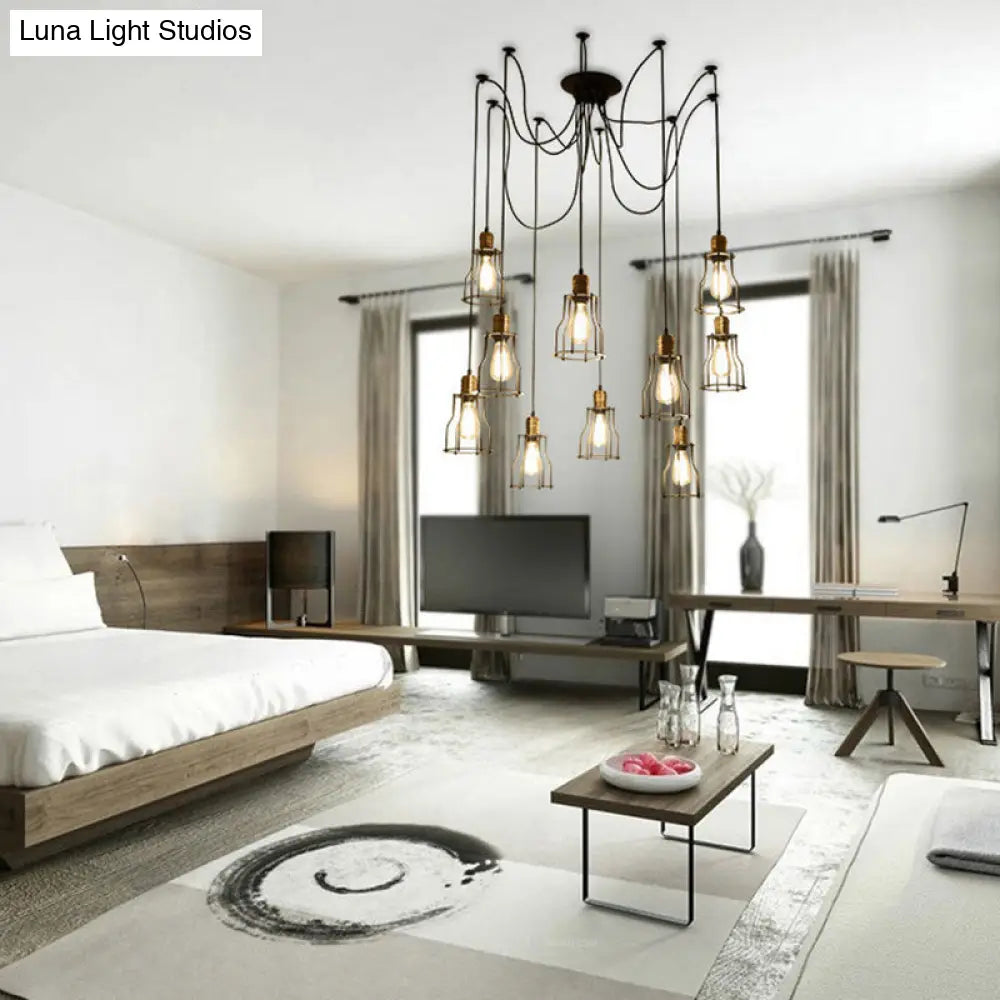 Lámpara colgante enjaulada de hierro negro - Luminaria industrial multi-luz para restaurantes (10 bombillas)