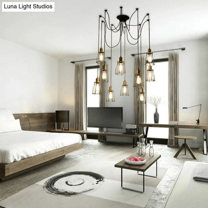 Lámpara colgante enjaulada de hierro negro - Luminaria industrial multi-luz para restaurantes (10 bombillas)