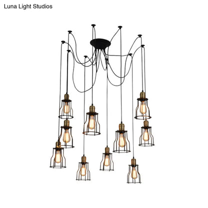 Lámpara colgante enjaulada de hierro negro - Luminaria industrial multi-luz para restaurantes (10 bombillas)