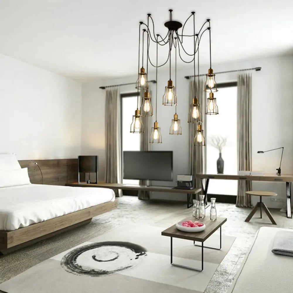 Lámpara colgante enjaulada de hierro negro - Luminaria industrial multi-luz para restaurantes (10 bombillas)