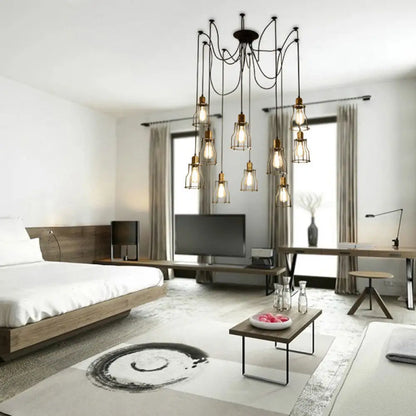 Lámpara colgante enjaulada de hierro negro - Luminaria industrial multi-luz para restaurantes (10 bombillas)