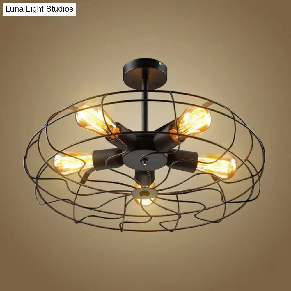 Black Iron Fan Cage Chandelier with 5 Bulbs - Simple Ceiling Light Fixture