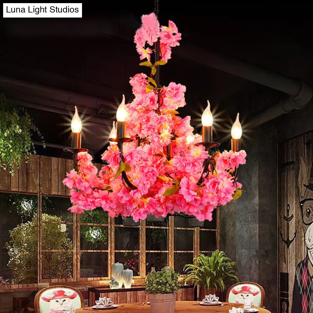 Lámpara de araña de hierro negro estilo rústico con detalle floral - 6 luces colgantes