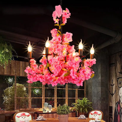 Lámpara de araña de hierro negro estilo rústico con detalle floral - 6 luces colgantes