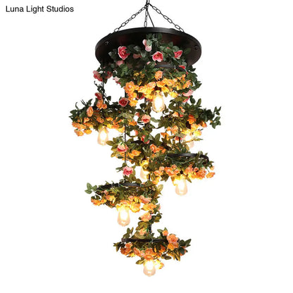 Black Iron Flower Pendant Chandelier - 7 Lights Warehouse Open Bulb Down Lighting