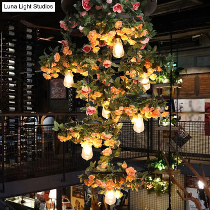 Black Iron Flower Pendant Chandelier - 7 Lights Warehouse Open Bulb Down Lighting