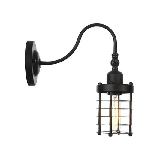 DecorBites™ Black Iron Gooseneck Wall Lamp - Single Factory Wall Mounted Lighting Fixture with 3 Cage Options: Tube, Ball, Diamond
