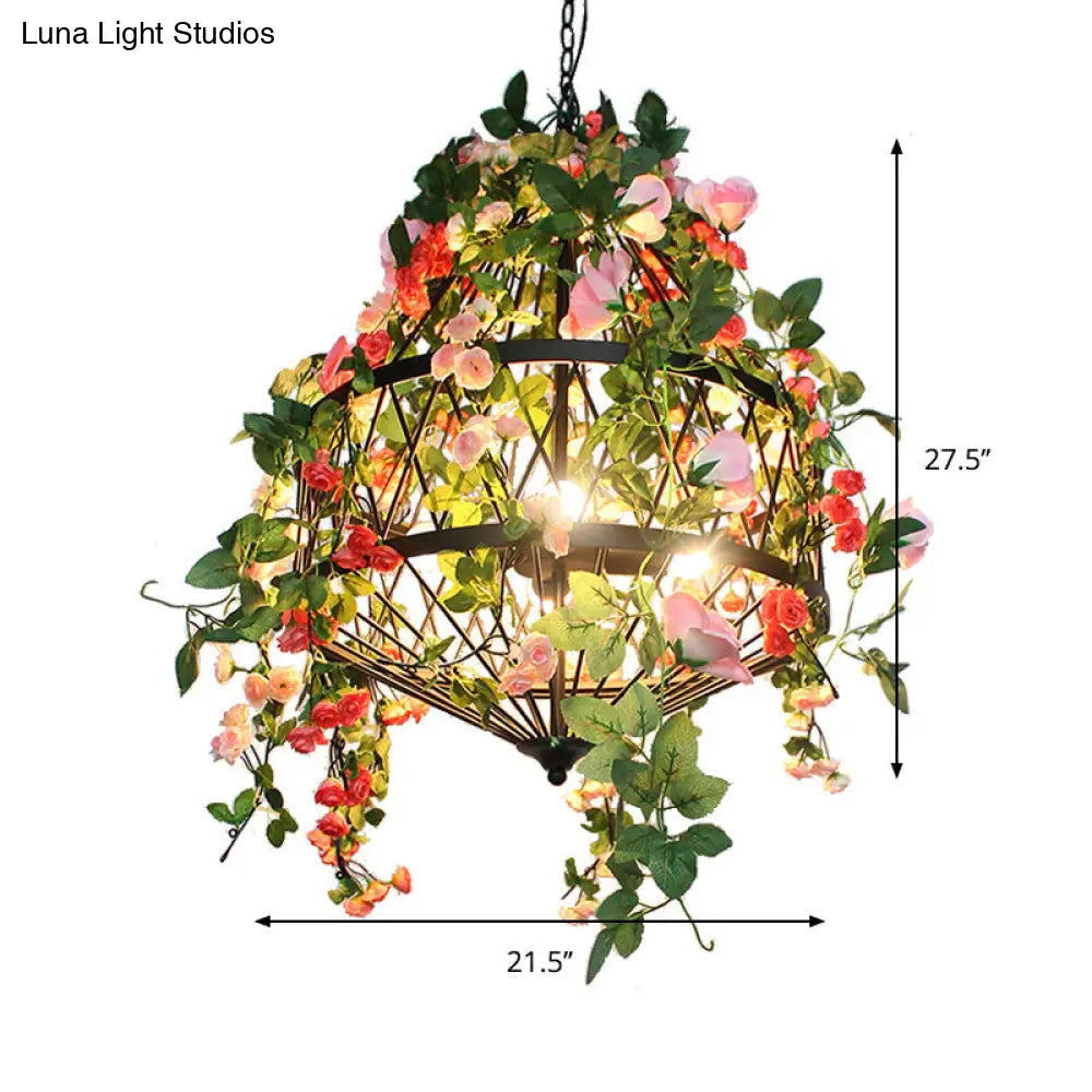 Black Iron Hanging Chandelier with Trellis Cage Design - 3/4 Lights Ideal for Restaurant, Farm, or Flower-Themed Décor