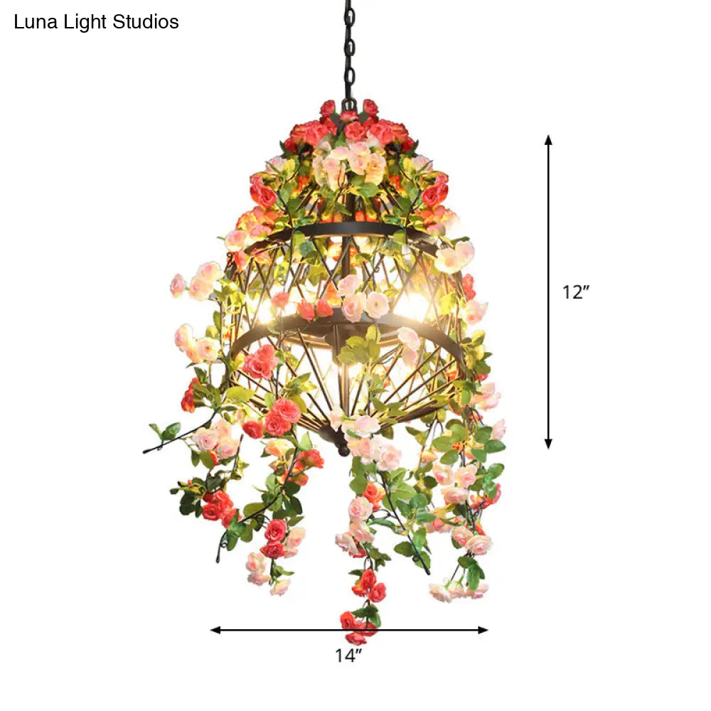 Black Iron Hanging Chandelier with Trellis Cage Design - 3/4 Lights Ideal for Restaurant, Farm, or Flower-Themed Décor