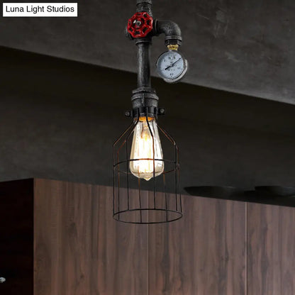 Black Iron Hanging Lamp with Wire Guard, Gauge, and Valve - Industrial Style