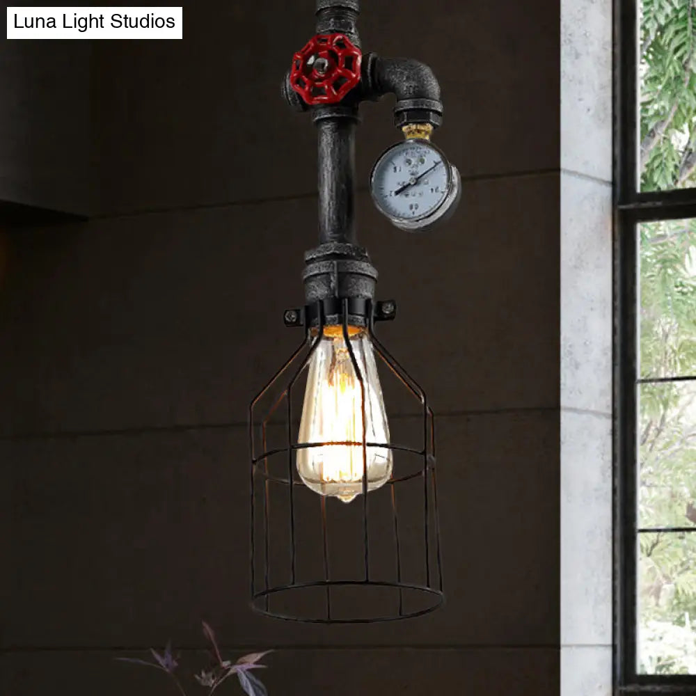 Black Iron Hanging Lamp with Wire Guard, Gauge, and Valve - Industrial Style