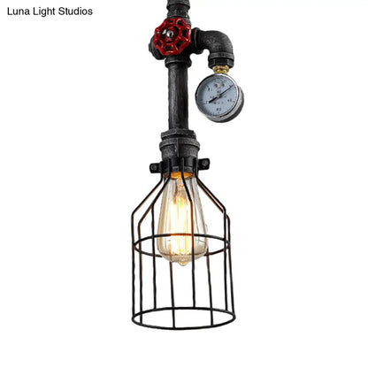 Black Iron Hanging Lamp with Wire Guard, Gauge, and Valve - Industrial Style