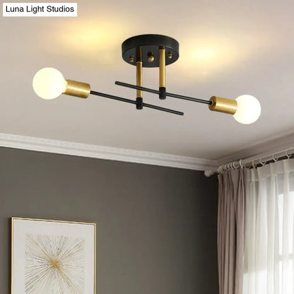 Black Iron Linear Semi Flush Mount Ceiling Light with 2 Bulbs - Minimalist Bedroom Fixture