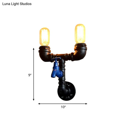 Black Iron Wall Mount Industrial Light with Water Tap Deco - 2 Lights, Perfect for Corridors