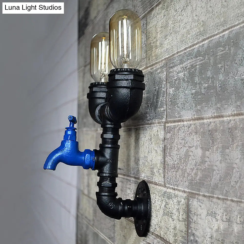 Black Iron Wall Mount Industrial Light with Water Tap Deco - 2 Lights, Perfect for Corridors
