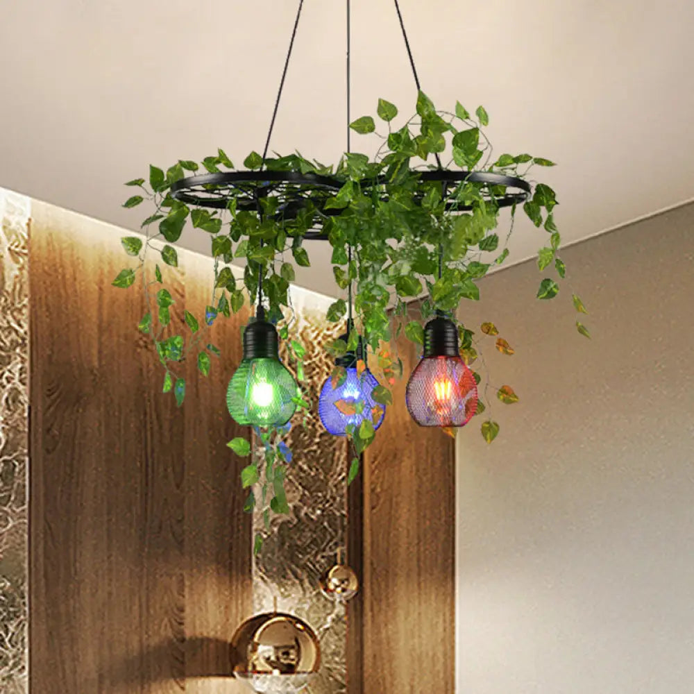 Black Iron Wheel 3-Head Pendant Light with Green Vine Detail and Globe Cage Design