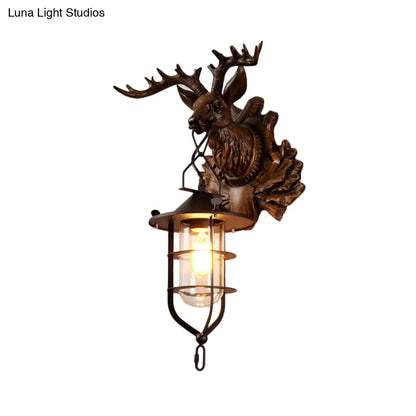 Black Iron Wire Cage Sconce with Deer Head Backplate - Countryside 1 Light Wall Lighting for Living Room