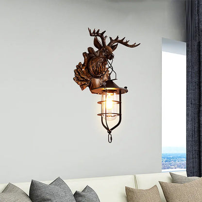 Black Iron Wire Cage Sconce with Deer Head Backplate - Countryside 1 Light Wall Lighting for Living Room