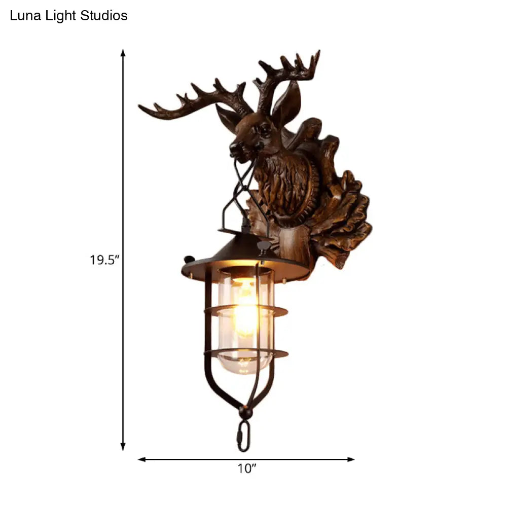 Black Iron Wire Cage Sconce with Deer Head Backplate - Countryside 1 Light Wall Lighting for Living Room