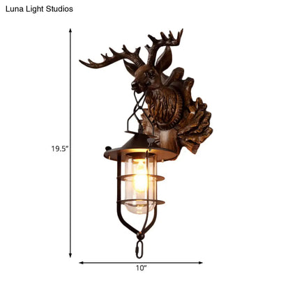 Black Iron Wire Cage Sconce with Deer Head Backplate - Countryside 1 Light Wall Lighting for Living Room