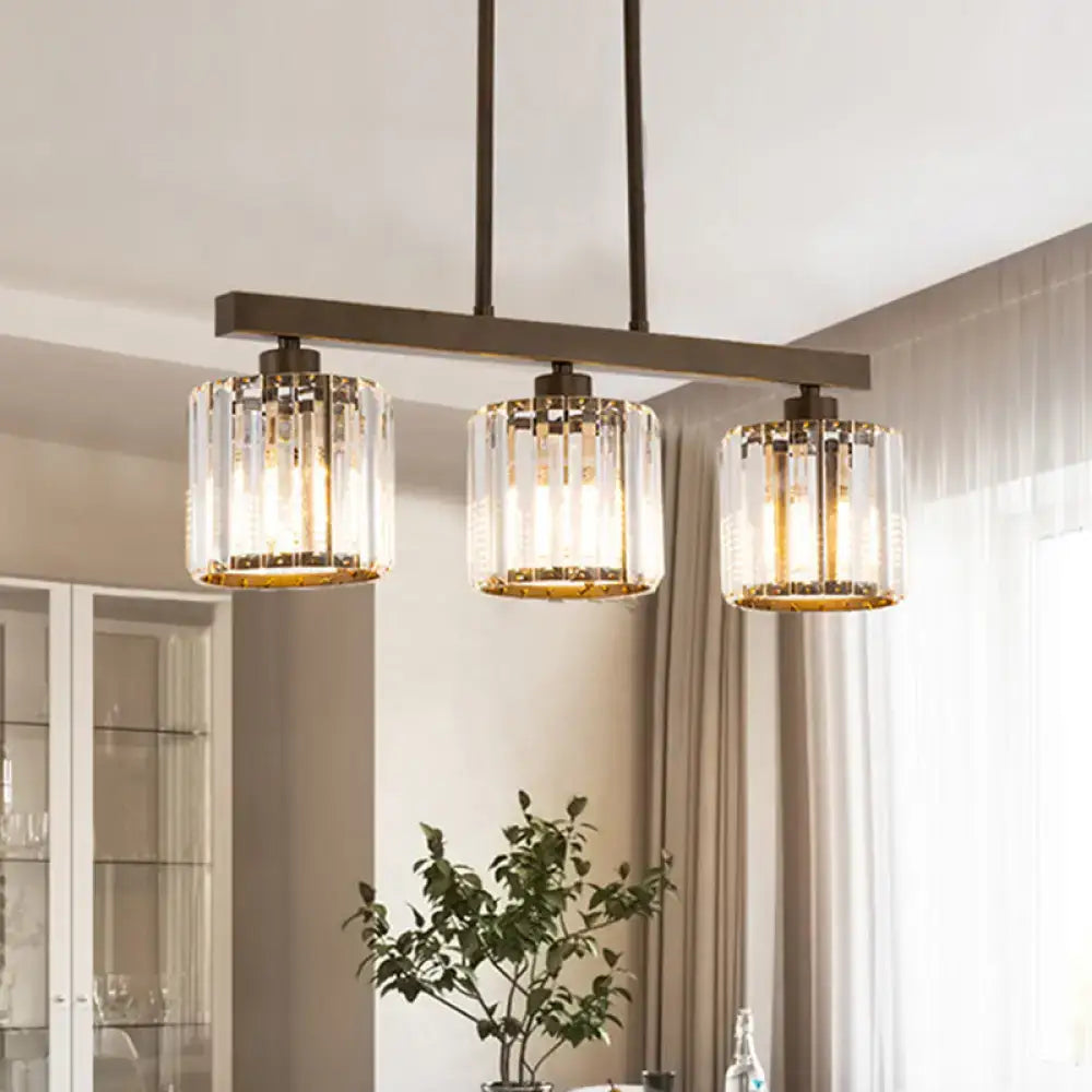 DecorBites cylindrical island chandelier with clear crystal glass shades gold trim dark bronze frame for dining room