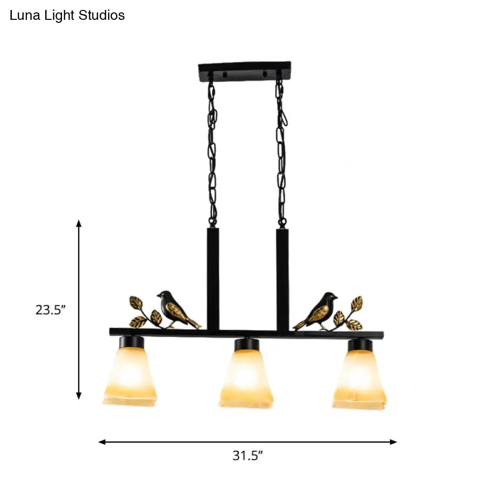 DecorBites™ Black Island Pendant with 3 Tan Glass Shades and Bird Deco - Traditional Dining Room Ceiling Light