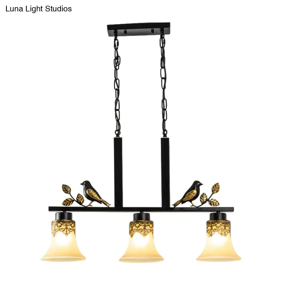 DecorBites™ Black Island Pendant with 3 Tan Glass Shades and Bird Deco - Traditional Dining Room Ceiling Light