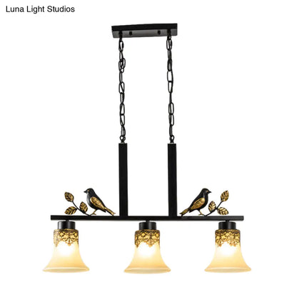 DecorBites™ Black Island Pendant with 3 Tan Glass Shades and Bird Deco - Traditional Dining Room Ceiling Light