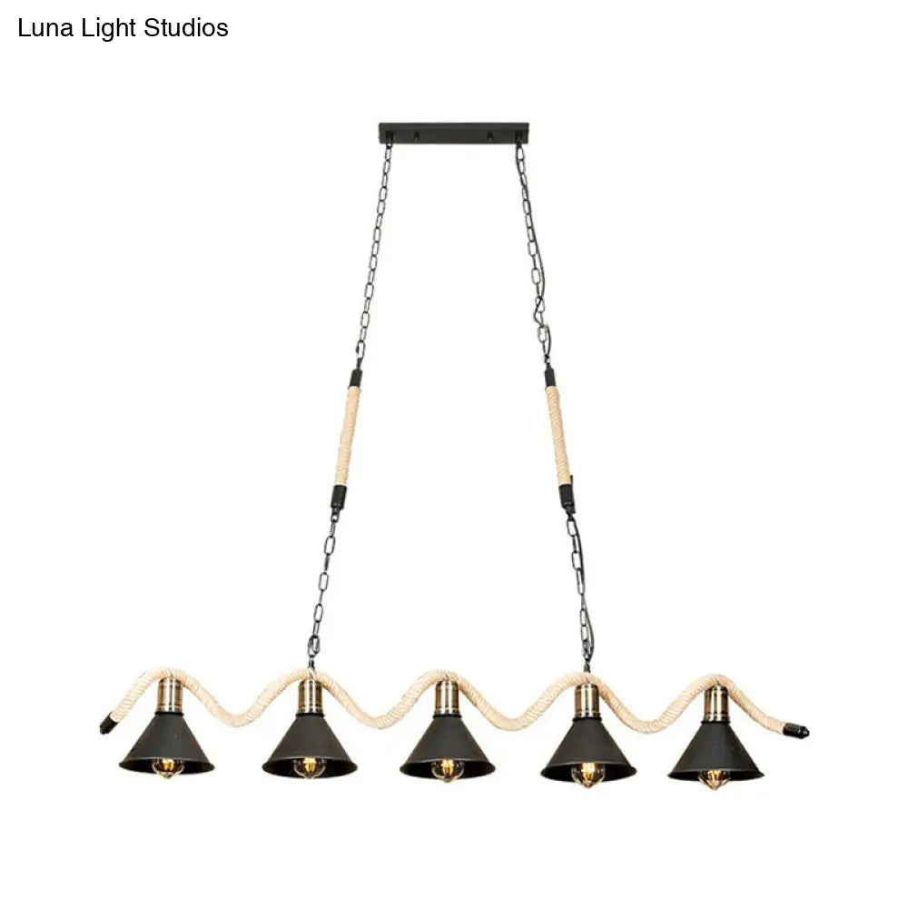 DecorBites™ Black Island Pendant with 5 Hemp Rope Lights and Metal Shade