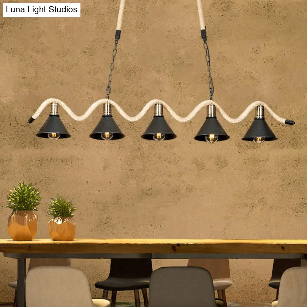 DecorBites™ Black Island Pendant with 5 Hemp Rope Lights and Metal Shade
