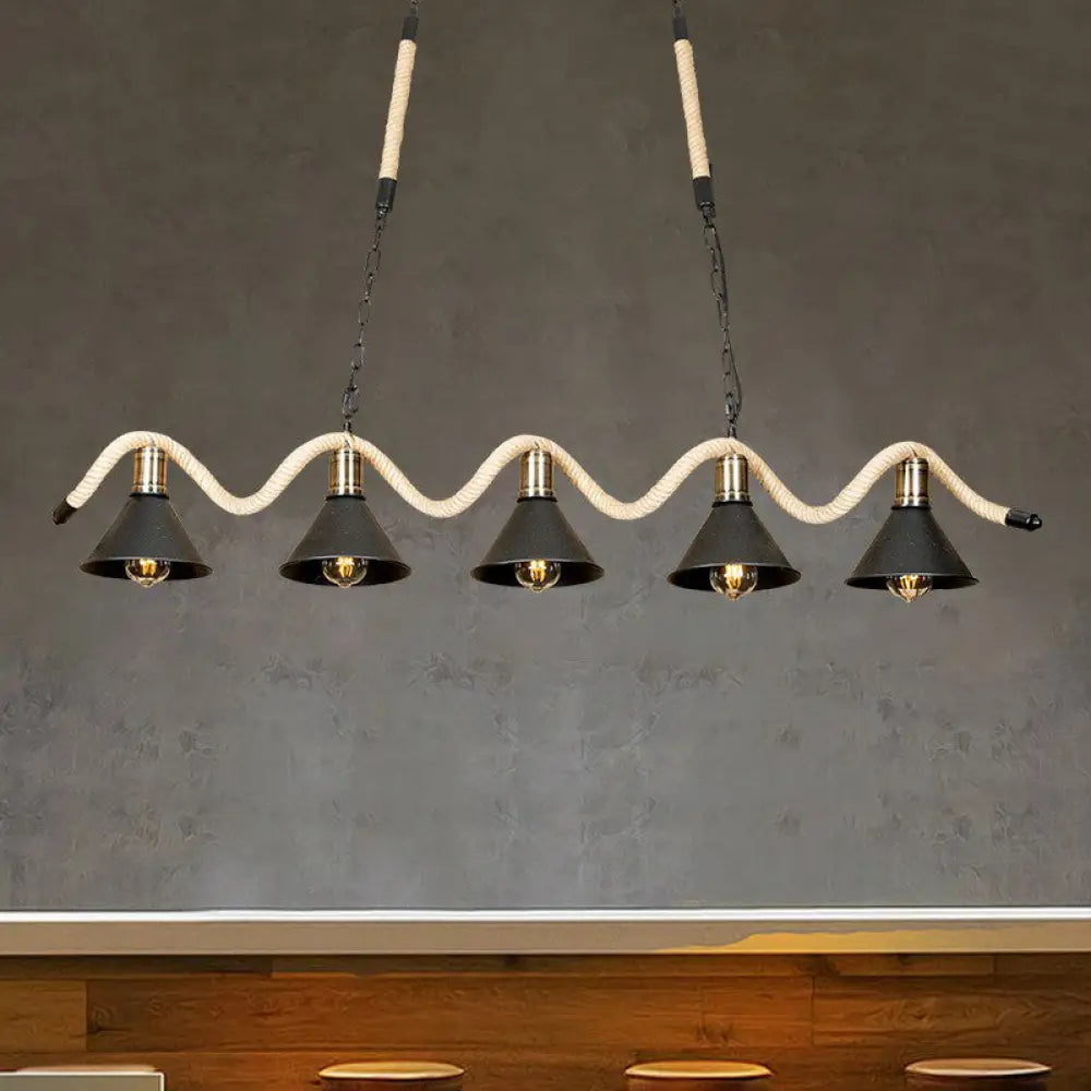 DecorBites™ Black Island Pendant with 5 Hemp Rope Lights and Metal Shade