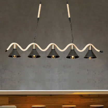 DecorBites™ Black Island Pendant with 5 Hemp Rope Lights and Metal Shade