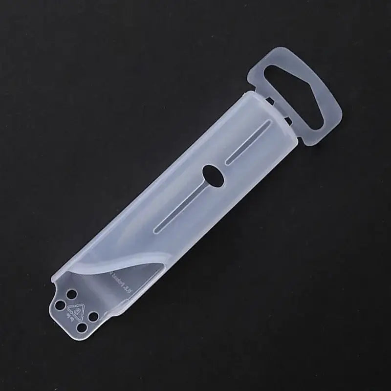 Transparent plastic wall bracket with handle and three holes on one end for decorbites knife scabbard set