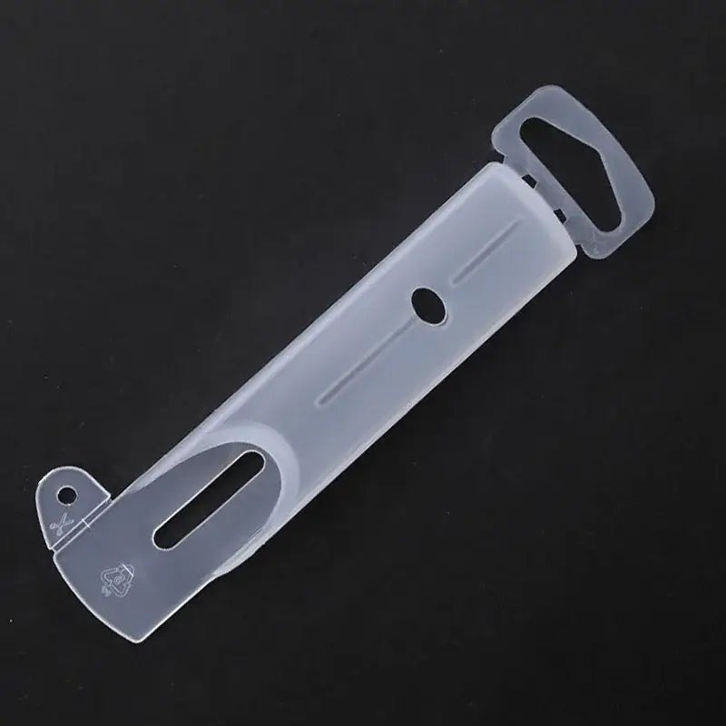 Transparent plastic garment hanger with molded handle and adjustable hook paired with black decorbites knife scabbard set