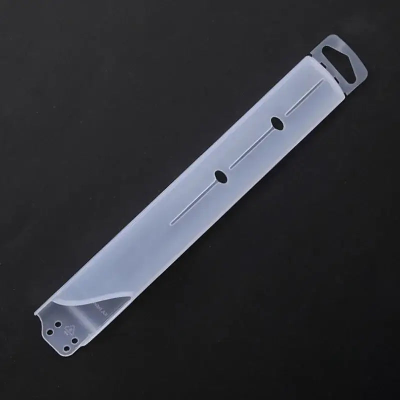 Transparent plastic display stand with three circular cutouts and hanging loop for decorbites knife scabbard set