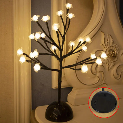 Black LED Nightstand Lamp: Tree Shaped Battery Table Light Decor for Bedroom
